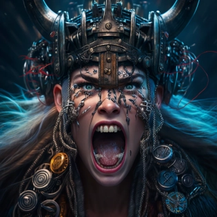 A hyper-realistic close-up photograph of a cyberpunk female viking, screaming with unbridled rage as she prepares to engage in battle with her enemy. The viking's face is partially covered with intricate cybernetic implants, enhancing her already fierce appearance. Her long, flowing hair is braided with metal chains and adorned with various futuristic trinkets, adding to her fearsome presence. The viking's eyes are locked onto her target with a piercing intensity, while her mouth is open wide in a deafening scream that reverberates throughout the battlefield. Beads of sweat and dirt cling to her furrowed brow, evidence of her unwavering determination to emerge victorious from this epic showdown. The background is dark and ominous, with the silhouettes of towering skyscrapers and menacing cybernetic machines looming in the distance, heightening the sense of danger and urgency. This stunning photograph is rendered in high-definition 4K, showcasing every intricate detail and texture of the viking's cybernetic implants, battle armor, and facial features. The lighting is dramatic and intense, casting deep shadows and illuminating the viking's features with a bold, vibrant glow. 4k --q 2