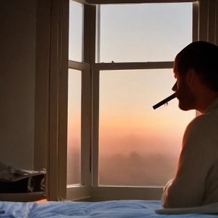 At a 45 degree angle by the window, a man looked out of his bedroom window, passionately smoking a cigarette, as the setting sun set outside