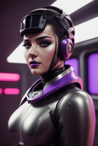 medium shot potrait, female soldier of the future, dressed in a space futuristic latex suit with metallic parts, makeup on the face, deep purple painted lips, in full growth, future, futurism, cinema, cinema light, film frame, photorealistic, octane render, 3d, render, unreal engine, hyper detailed, volumetric lighting, hdr