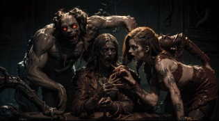 Terror and other horror things, Spooky elements, secret terror, Tentacles, vines, Eyes, The Uncanny Valley effect, teeth, all  fours, critters, a plant, and buildings.Scary haunted house with dark angel and a scary werewolf and scary witch and scary doll dinner party at haunted house table?Tooth vine eyes