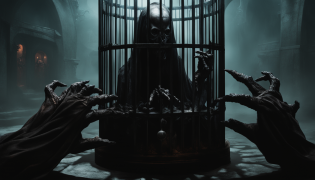 The inhuman, pale, mottled, three fingered hand of an illithid with sharp claws gestures to a metal cage containing 3 large black orbs. Only their arm is visible and is covered in black cloth.
