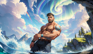 Best quality, masterpiece, ultra high res,detailed background,realistic,solo,male,cowboy shot,mature,bara,topless,muscular,mature male,thick thighs,short hair,facial hair,undercut,short hair,magic circle, bubble,on water,reflected mirror,rainbow light, Bubble Swirling, wind Swirling, Aurora, fantasy scenery,depth of field,berd,stocky bara, ((stocky burly)),detailed face