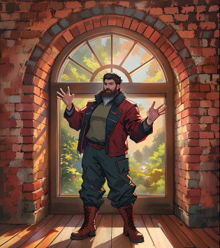 A bearded man in a red jacket and pants stands in front of a window with outstretched arms, full body character concept, full body concept, detailed full body concept, The room has a window overlooking the garden, brown brick walls, warm lighting, background illustration, Soft light from the window,  wooden floor, Window with natural light, Light from the window