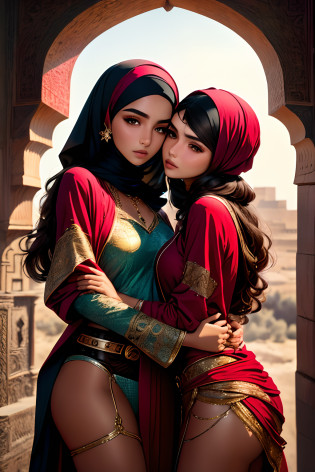 Mavtan Moroccan Islamic surreal super detail,model shoot,two girls,duo,Dynamic pose,leering,(Dream belt,Dream robes,Fantastic ribbons),Hug and touch each other,Biting a friend's earlobe, Hug each other from behind, Touch your friend's chest from below,