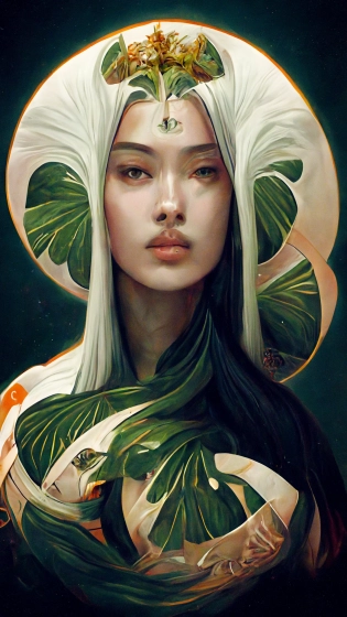 Asian, queen of the monstera, symmetrical face, symmetrical body, artgerm, flowing hair, portrait, muted colors, artstation, character concept art, border and embellishments inspiried by alphonse mucha, fractals in the background, galaxy --ar 9:16 --uplight