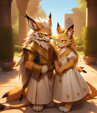 TWINS, nj5furry, (Leomon, girl, boy, adorable), Leomon, ((extremely realistic shadows, masterpiece, extremely detailed, photorealistic)), two little children. nj5furry, (6 years old)), ((full body)) both genders, kemono boy, elegant, childish physique, real girl, ((Prince and princess)) 6 years old, relaxed posture, friendly expression, kind, cute and detailed, tender, image of the same tenderness, white shirt, white skirt of embellished fabric, long hair elegantly combed back, red nose, golden eyes, an Arab-style palace behind him with a beautiful garden.