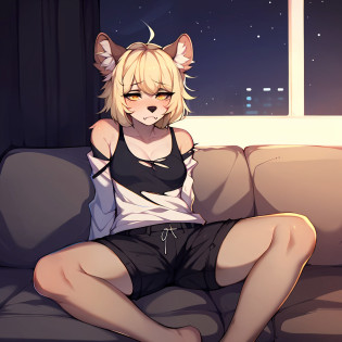 (By hyattlen, by fumiko, by claweddrip):1.2, solo, one girl, a cute tan anthro furry hyena girl, female, fluffy brown ears, (tan_fluffy_body:1.1), black nose, faded yellow eyes, (cute_snout:1.1), fluffy tail, long_bangs:1.1, messy bangs, bangs covering_face:1.1,  shoulder length blonde hair, visible fangs, small_breasts, wearing torn white shirt, black shorts, torn_clothes:1.3, laying on a couch, in an ugly dirty room, sad, dark_circles_under_eyes:1.3, tired, looking_away:1.1, dark room, detailed intricate background, detailed environment, dimly lit room, nighttime, (long-shot:1.1), eyes_half_open:1.2