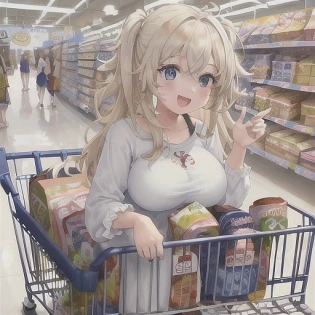 1girl, painting of a girl pushing a shopping cart in walmart, food water and essentials in shopping cart, happy, casual outfit, shelves of food and more, people shopping in background, white floor, walmart, indoors, natural hair and eye color, anime, anime face, art by artgerm and greg rutkowski and alphonse mucha, 8k, artgerm anime, professionally color graded, depth of field, breast