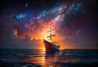 style-nebmagic, a (sailboat:1. 1) at the edge of the world watchin stars fall down , Cinematic, Warm, Wind, shooting stars, Nebula, <lora:add_detail:1> , 70mm, 16k, UHD, HDR, (Masterpiece:1. 5), (best quality:1. 5)