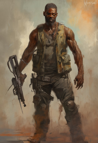 Create an image of a character named Law with the following details:

- Appearance: Law is a remarkable figure in a post-apocalyptic world overrun by zombies. He exudes strength and determination.
- Gender: Male
- Skin Tone: Dark complexion
- Prosthetic Arm: His left arm is a prosthetic made of metal, showcasing his resilience and adaptation to challenges.
- Build: Law possesses a strong and robust physique, a testament to his constant battles against zombies and the chaotic remnants of society.
- Attire: He wears practical and worn-out clothing, a blend of durability and agility. His clothing is equipped with strategically placed pockets for survival gear.
- Footwear: Law's sturdy boots mirror his unyielding determination, suitable for traversing hazardous terrain.
- Demeanor: His expression reflects a combination of shrewdness and seriousness, influenced by the harsh realities of his world.
- Skills: Law excels in stealth and survival. He utilizes his prosthetic arm for various tasks, whether disarming traps or defending against threats.

Create an image that captures Law's essence as a resilient and skilled survivor in a post-apocalyptic setting. Emphasize his dark complexion, strong physique, and the prosthetic arm that showcases his adaptability. Showcase him in a scene that portrays his resourcefulness, whether navigating through dangers or employing stealthy maneuvers.

Feel free to incorporate elements of the post-apocalyptic landscape, such as debris or ruins, to set the scene. The image should encapsulate Law's identity as a survivor who thrives in the face of adversity.