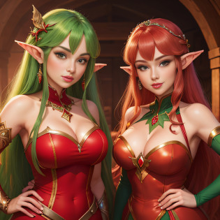 a woman in a red dress and green elf outfit posing for a picture, elf girl, female elf, alluring elf princess knight, elf queen, elf princess, elf queen nissa genesis mage, mighty plump female sorceress, an elf queen, elfin beauty, a portrait of an elf, portrait of an elf, beautiful and elegant female elf