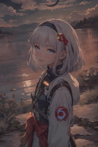 a woman looking at the camera with a sky background behind her and clouds in the background, 1girl, bangs, white_hair, cloud, (one:1. 1) black (crescent moon:1. 3) on background, crying a bit, (depth_of_field:0. 8), face, (looking_at_viewer:0. 8), moonlight, night, night_sky, outdoors, (reflection:0. 2), sky, solo, star_\(sky\), tears, from abovce, no design clothes, high tech wear, BREAK, a woman looking at the camera with a sky background behind her and clouds in the background, 1girl, bangs, white_hair, cloud, one (single:1. 1) (crescent moon:1. 3) on the background, crying a bit, (depth_of_field:0. 8), face, (looking_at_viewer:0. 8), moonlight, night, night_sky, outdoors, (reflection:0. 8), sky, solo, star_\(sky\), tears, from above