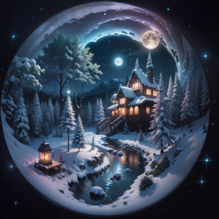 ((Combine special effects, High-quality aesthetic picture texture))The white fairytale cottage shines brightly?Detailed depiction of large snowflakes?It is surrounded by a forest of snow-capped trees?A slowly flowing river?The White Mountains are tall and green?A waterfall shining with white light?Christmas style?Particles fly in your hands?Night falls under purple fluorescence?The bright moon shines with the stars?