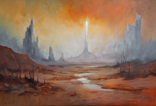 um deserto de areias brancas, com uma grande torre demoniaca ao fundo e um grande buraco negro a cima dessa torre, sci-fi horror, dramatic lighting, 4k, arte conceitual, altamente detalhado, Volumetric lighting, global ilumination, octan render, Estilo-SwampMagic, Eldritch, cosmico, energia escura