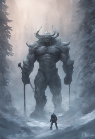 Estilo nordico?Nordic mythology?YMIR, Cuerpo gigante?Musculoso, Vestimenta nordica, Gigantesco?Fondo congelado? gigante de hielo, cuerpo completo, VFX surrealista altamente detallado?OC renderizado? --ar 9:16