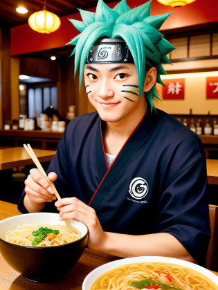 Naruto, blue hair, full portrait, from a real portrait, carefully drawn facial features, realistic skin texture, dark style, depth of field, highlighting, real light, ray tracing, OC rendering, hyperrealistic, best quality, 8K , Masterpieces , super fine and detailed pubic hair, correct anatomy, sharp focus on the eyes, carefully drawn facial features. Naruto enjoying Chinese noodles in a restaurant