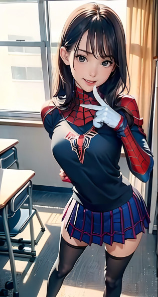 tmasterpiece?best qualtiy?cinematic Film still from??fully body photo?1.5??1girll?shyexpression?The upper body is dressed in Spider-Man's clothes?mitts?The Spider-Man logo on the chest,Spider-Man cosplay,cabellos largos dorados,Spider cuirass covered?spiderman outfit?Detailed spider silhouette body with Spider-Man roleplay,perfect bodies,On the chest is the obvious Spider-Man logo?The lower body is a JK uniform?Yoga pants for?shorter pants?short� skirt?white�stockings?standing on your feet?Dynamic shots?No shoes?The barefoot?Jade foot  ?Toes?Broken stockings?Torn stockings?at class room?blackboards?Junior high school classrooms?classroom desk?Very long legs?brightly?cheerfulness?intriguing?gentlesoftlighting,