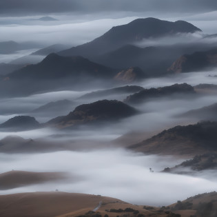 Mist-shrouded mountains and low clouds in the valley, Fog blanket, layered fog, (Mist), Billowing fog, Mist, Misty clouds, Heavy fog, wanderer above the sea of fog, foggy photo 8 k, Swirling fog, misty mountains, mountains in fog background, Low fog layer, in the bottom there a lot of fog, A wisp of fog