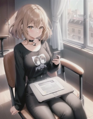 1girl, perfect anime illustration, happy, very closeup painting, short feathered hair, best brown girl hair, pretty woman typing on a laptop, laptop, desk, chair, laptop on desk, coffee, apartment, spring, indoors, windows, other parts of home, clear sky, cute, black t-shirt, black pants, aesthetic. (best quality:1. 2), animated lighting, octane render, bright mood, fashion, anime, masterpiece, trending, detailed fanart, anime faces, realism