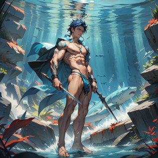panorama, a young male poseidon with a weapon, rough sea, dark tones, half naked, bareleged, barefoot, domineering cape, coral cane, abs, dark blue hair, short hair, giving orders, floating in water poss, domineering eyes, standing, white background, full body, feet, saliva, heavy breathing, moaning, panorama, nipple ring, metal ring on chest, color gas, shark tooth necklace, thong, panorama, partially underwater shot?from side