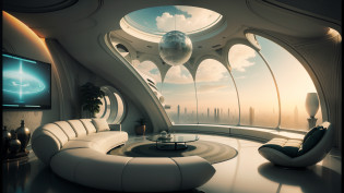 there is a large white couch in a room with a large window, futuristic looking living room, futuristic room, retro futuristic apartment, futuristic interior, futuristic room background, futuristic decor, futuristic utopian architecture, detailed futuristic architecture, futuristic persian palace, futuristic architectural art, futuristic house, futuristic palace, ultra - futuristic architecture, futuristic. game cg, futuristic dome --auto --s2