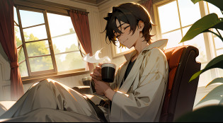 anime, The camera gently enters the living room, revealing a young man sitting in a comfortable armchair. He holds up a steaming cup of coffee, envolto em seu aroma reconfortante. Soft music fills the room, emanando de um tocador de vinil em uma estante ao lado. A luz do sol entra pelas cortinas, criando uma atmosfera acolhedora. O jovem fecha os olhos por um momento, savoring the coffee and indulging in the enveloping melody. The quiet smile on his face reflects the pleasure of being in a moment of his own, where worries dissipate and he finds peace and relaxation in the simplicity of that moment. The scene conveys a sense of serenity and contentment, inviting the viewer to share in this moment of delight and connection with the music and comforting aroma of coffee. --auto
