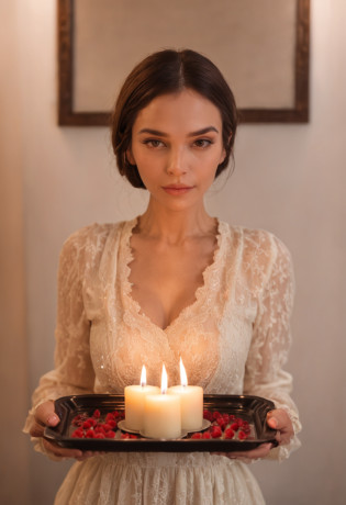 Woman holding tray?There was cake and candles inside, holding a candle, candle lighting, lit candle, lit with candles, candle wax, luz de velas, Candlelight, in a room full of candles, natural candle lighting, Candle, 8 k sensual lighting, Drip candles, with backlight, floating candles, soft warm light, room full of candles?The woman was wearing underwear?A black man stood behind her??The black man put his arm around her?The blacks also wore only one underwear?Gently blow into her earlobe