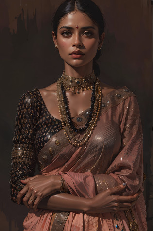 arafed woman in a sari with a necklace and a necklace, intricate set, adorned with precious stones, wearing intricate, intricate jewellery, with intricate details, intricate outfit, wearing elegant jewellery, intricate details. front on, black jewellery, detailed jewellery, high intricate details, photo of a hand jewellery model, close portrait, intricate beauty, intricate jewelry, side view intricate details