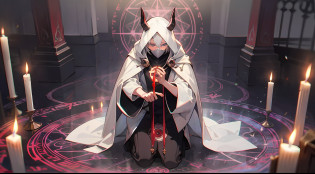 (Magic circle:1.2) summons devil into a dimly lit (room:1.1), a cultist (white hair),(kneeling:1.1) in devout prayer, wearing a (white cloak), (wear red face mask), surrounded by flickering (candles:1.1)