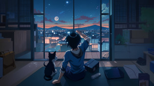 Anime boy sitting on the floor with cat looking out the window at night and dog lying next to him, watching shooting stars. anime, anime art wallpaper 4k, anime art wallpaper 4k, anime style 4k, anime art wallpaper 8k, anime wallpaper, anime wallpaper 4k, anime wallpaper 4k, anime wallpaper 4k, Shinkai Makoto Cyril Rolando, anime background, 4k manga wallpaper