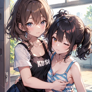 (Highest quality illustrations:1.2), (kawaii girl:1.1), (1 Uncle, ??:1), (2girls?8years old?Lori?Gamine?A tiny?kawaii?cute little?tiny chest?ultradetailed eyes:1.2)?(Yuri?the kiss?hug from behind?Grabbing the?Eyes half closed?eyecontact:1.3)?(perspiring?Hugged?red blush:1.1)? BREAK White Bra?Pink Bra?Blue Bra?Green Bra?Greybra?Light grey bra? striped bra?Polka dot bra?Plaid bra?Cute Bra?Kids Bra?Sportsbra?camisole?cotton panties?school skirt?Blake black hair?Blue-haired?Brown hair?extra very short hair?shorth hair?middle hair?length hair?hair wavy?curlyhair?Light pink and braided hair?hime-cut?bob cuts?Twin-tailed?low twintails?poneyTail?Low ponytail in light blue?break(Locker Room:1.2)?(evening?evening?Orange Sunlight:1.2)? BREAK(top-quality?ultra-detailliert?highly detailed and beautiful??A high resolution?Detailed arm:1.2)?nsfw?Beautiful pool