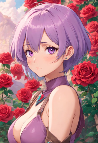 anime girl with a unique and memorable appearance. She has short, spiky lavender hair that gives her a somewhat rebellious look. Her eyes are a captivating shade of amethyst, often sparkling with curiosity. Mei's style is a mix of alternative and gothic fashion, with plenty of leather, dark colors, and punk accessories. She has a small tattoo of a rose on her right forearm. big boobs and naked