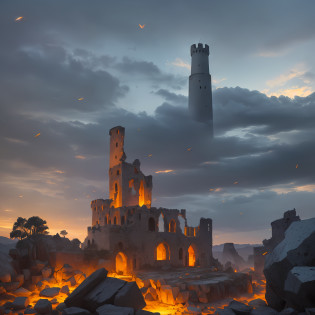 Extensive landscape computer ultrasound photograph (general view, which shows a ruined stone tower, (detailed description of the tower), sky, clouds (detailed), as well as dawn (detail), glade (detail), stone details of the tower, destroyed surface of the tower, one gray-haired guy in a shirt and trousers (1: 3), (ultra-detailed description of appearance), stone dust, ruined tower (ruined tower 1: 2), (falling stones: 0.9), (stone dust: 1.3), sand,  stones, ruined tower BREAK production art, (cold light source:1.2), (Firefly:1.2), fire particles, dark, red, yellow and orange, complex details, volumetric lighting, realism BREAK (masterpiece:1.2), (best quality), 4k, ultra-detailed, (dynamic composition: 1.4), high detailed, colorful details, (gloomy colors: 1.2), (luminous lighting, atmospheric lighting), gloomy, dark, magical --auto --s2