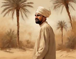 Man, Muslim, wearing kondura beige, desert background, palm trees, left right side, frustrated shouting face, high res, ultrasharp, 8k, looking at right side, middle aged, sephia color