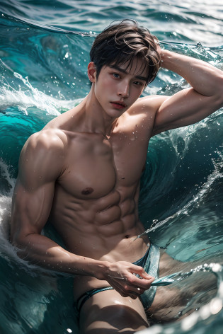 best qualityer, A masterpiece, ?????, Prospective male, Handsome face, Delicate skin, Clear jade water, Ripples of waves?