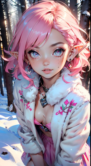 Cute elf Loli,(((petite loli,Tiny body,Little))),(((6 years old))),((Anime elf loli with very cute and beautiful fuchsia hair)), (((elf))), (((elf ears))),

(((flat chest))),((((Fuchsia hair:1.35,Short fuchsia hair,colored inner hair,Ear breathing)))),((pink eyes:1.5,intricate eyes,beautiful detail eyes,Neon-colored eyes:1.5,glowing eyes,symmetric eyes,big eyes)),(((freckles on her face,freckles,Freckled girl))),(((sparkly skin:1.5,Bright skin: 1.5,suntanned skin,sparkly skin,Very shiny skin,shiny body,Plastic Skin Shine,exaggerated shiny skin,Lightened skin))),(tender, Detailed fingers,Detailed body,human hands,(Detailed Face)),

Cute,slutty,Erotic,courageous,(((NSFW))),

zettai ryouiki,Revealing clothes,Show skin,(((Sexy pink fur coat, pink fur coat outfit, Wearing a pink fur coat:1.3,Pink winter coat))), ((pink mini skirt,Pink mini skirt with fluffy edge,Visible thong straps)),(white gloves,pink clothes,half naked,with little pink clothes,((((Clothes with fluffy edges)))),(((intricate outfit,intricate clothes,Embroidered outfit,ornate outfit))),

(dynamicpose:1.0),Embarrassed,(centered,scale to fit the dimensions,the rule of thirds),


((Snowy pine forest at night)), with dark storm clouds,winter,scenery:1.25,((Prehistory of the snow-covered forest)),Christmas tree,

hight resolution,sharp-focus,(Ultra Detailed,Extremely detailed),(Photorealistic works of art:1.37),(extremely detailed CG unity 8k wallpaper),(((bright colours,A striking theme))),(Intricate),(Masterpiece),(Best Quality),