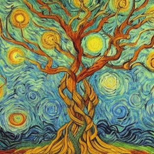 The tree of knowledge, connecting to heaven and the underworld, and the tree of life, connecting all forms of creation, are both forms of the world tree or cosmic tree, and are portrayed in various religions and philosophies as the same tree. in style of van gogh