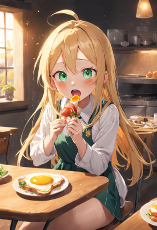 perfect finger,1girl,solo,high school student,long hair,blonde hair,open mouth,school uniform,happy,((sparkling eyes)),cute eyes,antenna hair,sitting chair,indoors,in the house,freshly baked toast,sunny-side-up fried eggs,warm soup,green salad,bacon,Let's eat,((Delicious food)),front view,breakfast,steam?is coming out of the dish,masterpiece,best quality,ultra-detailed,highres,high-resolution,extremely detailed CG,4K,8K,super fine illustration,super detailed skin,highly detailed,highly detailed background,hires,perfect anatomy,beautiful detailed eyes,perfectly crafted,cinematic lighting,dynamic lighting,anime,animation