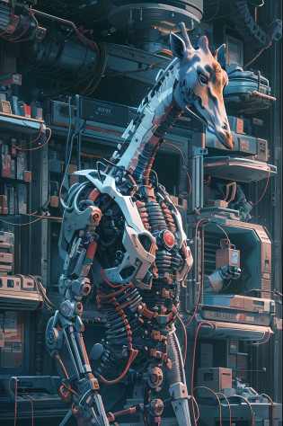 complex 3d render ultra detailed of a porcelain (giraffe cyborg:1.2), 1giraffe, robotic parts, beautiful soft light, rim light, vibrant details, luxurious cyberpunk, hyperrealistic, anatomical, facial muscles, cable electric wires, microchip, elegant, beautiful background, octane render, APPLE style, 8k, best quality, masterpiece, illustration, extremely delicate and beautiful, CG, unity, wallpaper, (realistic, photo-realistic:1.2), Amazing, finely detail, masterpiece, best quality, official art, extremely detailed CG unity 8k wallpaper, incredibly absurdres, mechanical skeleton, android, surrealism, doomsday wasteland, (high-tech prosthetics:1.2), Navy blue glowing cyber vessel