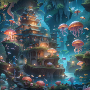 ?masterpiece?top-quality?hightquality?Highly detailed CG Unity 8k wallpapers?Luminous jellyfish?Coral Forest?A paradise of marine creatures hidden at the bottom of the ocean is ruled by a mermaid queen?The iconic Dragon Palace and castle town are illuminated by light?Fantastic landscapes are mesmerizing and dreamlike scenes?Iridescent water bubbles?Digital Illustration?Convoluted?PastelColors?an oil painting?Bokeh?depth of fields?HDR?Bloom?chromatic abberation?Photorealsitic?A highly detailed?High Details?Dramatic?Professional Shashinka