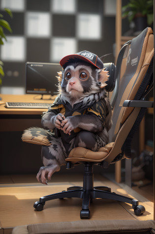 desenhe, um sagui, numa cadeira gamer, O sagui tem um computador gamer do lado, The marmoset wears a cap, 4k, realista, marmoset is in a gaming chair, sagui tem mais pelos nas orelhas, The marmoset room has more computing articles, sagui tem uma webcam, sagui tem um letreiro, the sign is flashing with the name SAGUI ,  highes definition