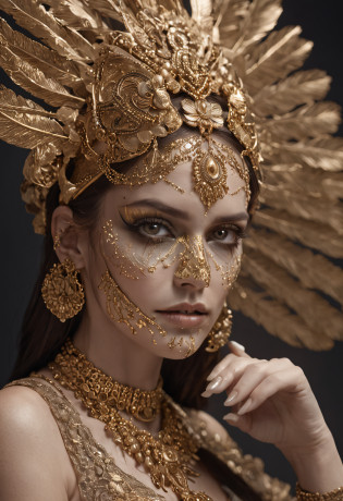 woman dressed golden and gold makeup,in the style of skull motifs,covered in luxurious jewelry, jewelry, luxury, dark white and dark bronze, jewelry by painters and sculptors,high details,realistic,ultra intricate detailing, 8k, Cinematic Lighting, cinematic