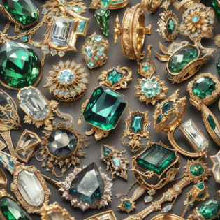 Green and white color scheme??Full Focus?,Antiques in display cases?Jewelry in a display case?Crystal gemstones in display case,Gold and silver products,magic item?Magic aura?High-tech luxury? High-value jewelry,?High-value metals?luxury goods?Puzzles are prohibited, Detailed and complex background, glittery, reflective light, hyper HD, Award-Awarded, A high resolution, High detail, Chiaroscuro, Cinematic lighting, Masterpiece, Ray traching?structurally correct, Super detail, High quality, High details, Best quality, 16k