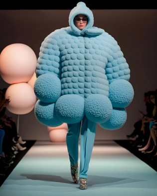 fashion show, stunning outfits, haute couture: models in very puffy Hypersize disproportionate suits in coarse knit, high heels, the smallest details and catwalk details, bright spotlights