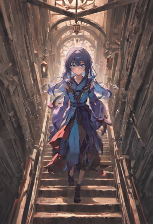 Light blue European-style clothes?Long straight black hair?Half-open eyes?Black pupils?Imprisoned in an iron cage?In the upper left corner of the cage there are blooming white ephemeral flowers?Girls salute in cages?Knee slightly bent?Morbid eyes?Blood dripped down the stairs
