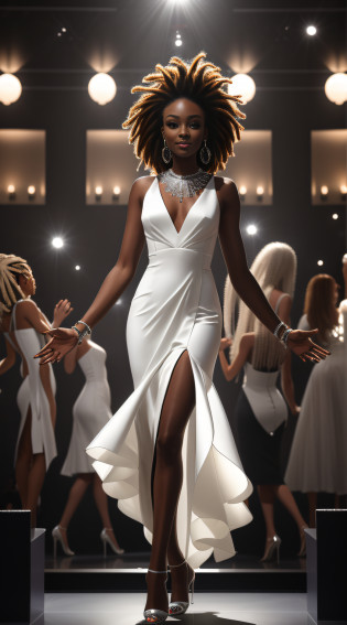 Pas de changement de face, seul la robe, les mains, les cheveux doivent etre modifier... les mains parfaite elle tient un micro, The dress must be more expensive and more modern and shorter, la laisser en blanc, les cheveux des dreadlock. Improves proportions