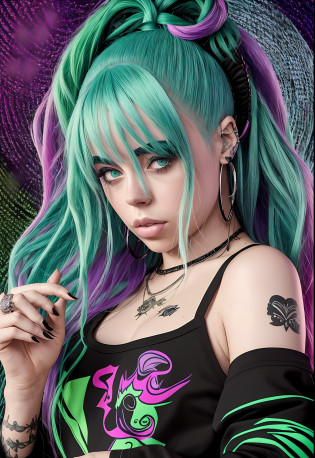 realistic image of a 22-year-old Billie Eilish with her iconic black and green hair, wearing one of her distinctive stage outfits. The image should capture the essence of Billie's unique style and personality at this age. Billie is depicted in a confident and captivating pose, exuding her signature energy and attitude. Her hair is styled in a striking combination of black and vibrant green, with the colors blending seamlessly. She is wearing one of her visually striking and edgy stage outfits, showcasing her individuality and fashion-forward style. The image should have a high level of detail, with the lighting emphasizing the textures of her hair, clothing, and facial features. It should convey the maturity and artistic growth of Billie Eilish as a 22-year-old musician, while still staying true to her distinct persona --auto --s2