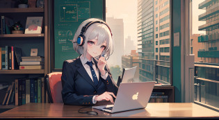 Anime girl with headphones sitting on laptop table, lofi-girl, lofi artstyle, lofi art, lofi vibes, lofi feel, adult lady?silber hair?A smile?25-years old?Business suits?lofi hip hop, lofi, chillhop, lofi girl aesthetic, lofi portrait, Lofivibe, lofi color, anime vibes, The aesthetics of the lofi