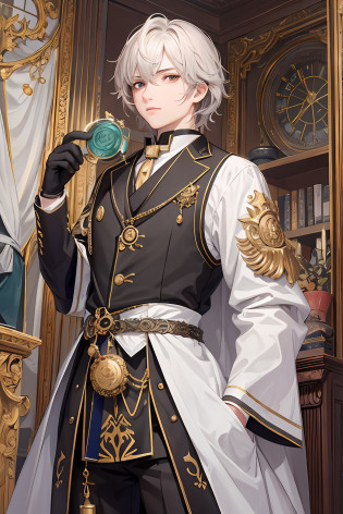 ?tmasterpiece?top Quority?best qualtiy?offcial art?Beauty and aesthetics?1.2???1boys?1.3??Extremely detailed?plethora of colors?Most detailed??ultra�-�detailed????highly detailed CGillustration????Very fine and beautiful?1boys?Multi-gear?afloat?Alchemy World?part?Repair suits?Relaxed?Turning around?Look into the camera?Pocket watch in hand