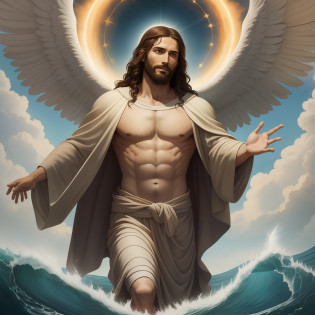 A beautiful ultra-thin realistic portrait of Jesus, the prophet, a man 35 years old Hebrew brunette, short brown hair, real perfect eyes, long brown beard, with, Helping People , wearing long linen tunic closed on the chest part, in front view, full body, biblical, realistic,by Diego Vel�zquez,Peter Paul Rubens,Rembrandt,Alex Ross,8k, Concept Art, PhotoRealistic, Realistic,  Illustration, Oil Painting, Surrealism, HyperRealistic, helping people , Digital art, style, watercolorReal Jesus flying on sky with a flying cloud in the background, Jesus walking on water, biblical illustration, epic biblical representation, forcing him to flee, coming out of the ocean, ! holding in hand!, disembarking, god of the ocean, beautiful representation, 8k 3D Model, realistic,
a 3D Realistic of jesus with a halo in the sky, jesus christ, smiling in heaven, portrait of jesus christ, jesus face, 35 young almighty god, portrait of a heavenly god, greg olsen, gigachad jesus, jesus of nazareth, jesus, the face of god, god looking at me, he is greeting you warmly, he is happy, avatar image